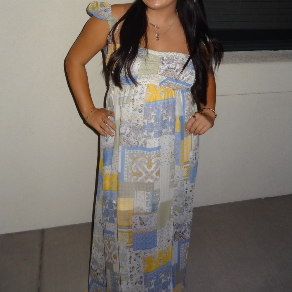 Patchwork Maxi Dress in Yellow and Blue